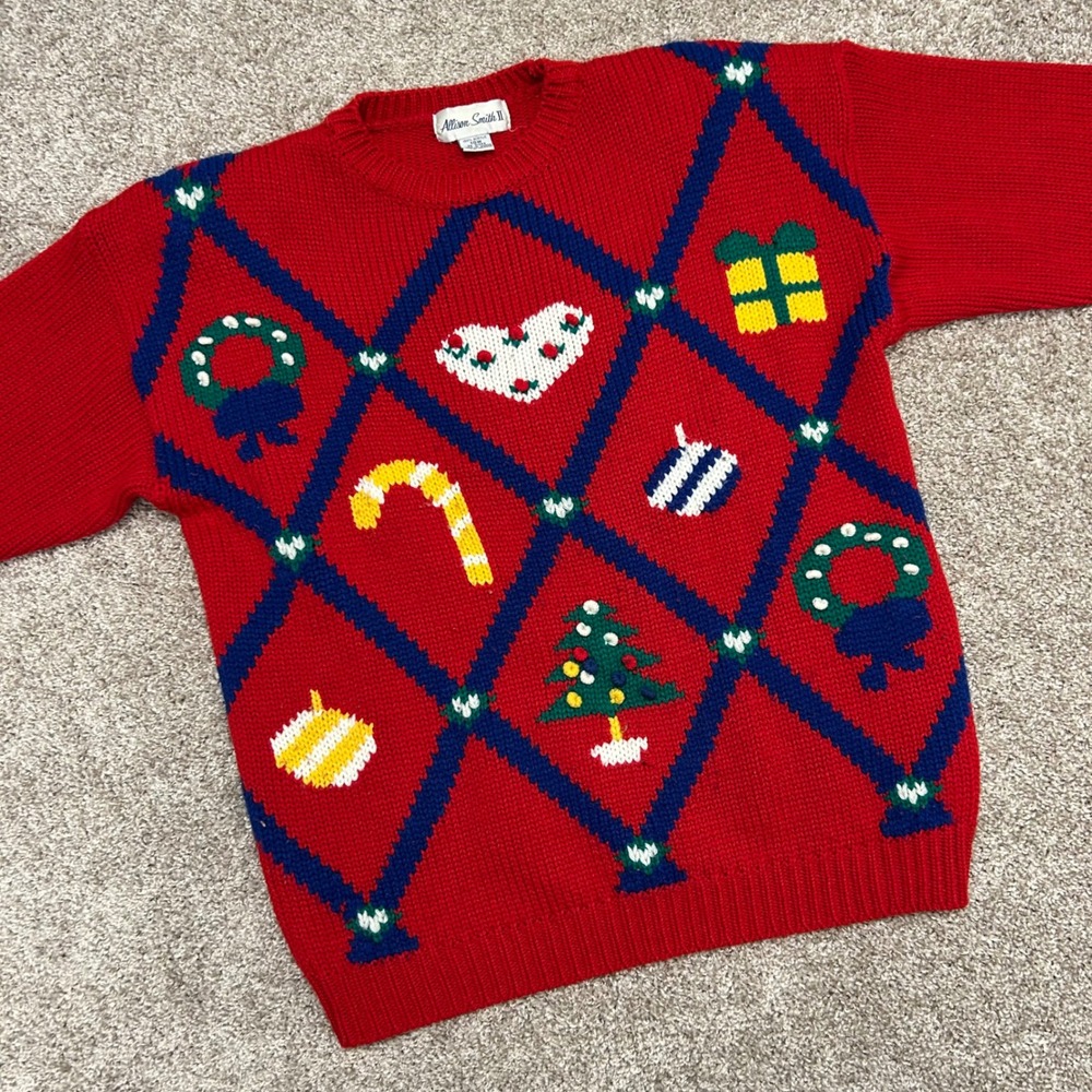 Vintage Allison Smith II Christmas Sweater Women Size 18W Wreath Ornament‎ 90s